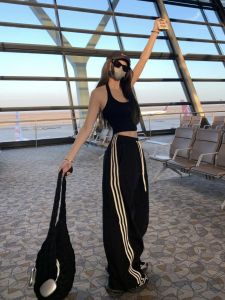 Quần Thể Thao Sọc Đen Dài Thường Ngày Cho Nữ Mùa Hè 2025 Quần Ống Rộng Cạp Cao Có Dây Rút