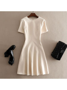 Elegant Slimming French Style Waist-Cinching Dress Womens Fashionable Casual Short Sleeve Zipper Closure Polyester Fiber