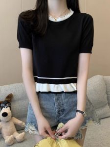 WANGGONGZHU | French Contrast Color Ruffle Short Sleeve Round Neck T-Shirt Women Summer Base Layer Top Design Sensation Korean Style Commute