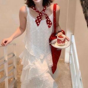 Khăn Choàng Lụa Đỏ Cổ Điển Kẻ Sọc Nhỏ Dài Thanh Lịch Đa Năng Trắng Mới 2025 Phụ Kiện Cổ Thời Trang Nữ