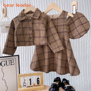 Bear Leader 3 Pcs clothing Suits Girls Set 2023 Autumn New Girls Fashion Plaid Dress+Polo Collar Coat with Hat Kids Girls Clothes 2-6 Years