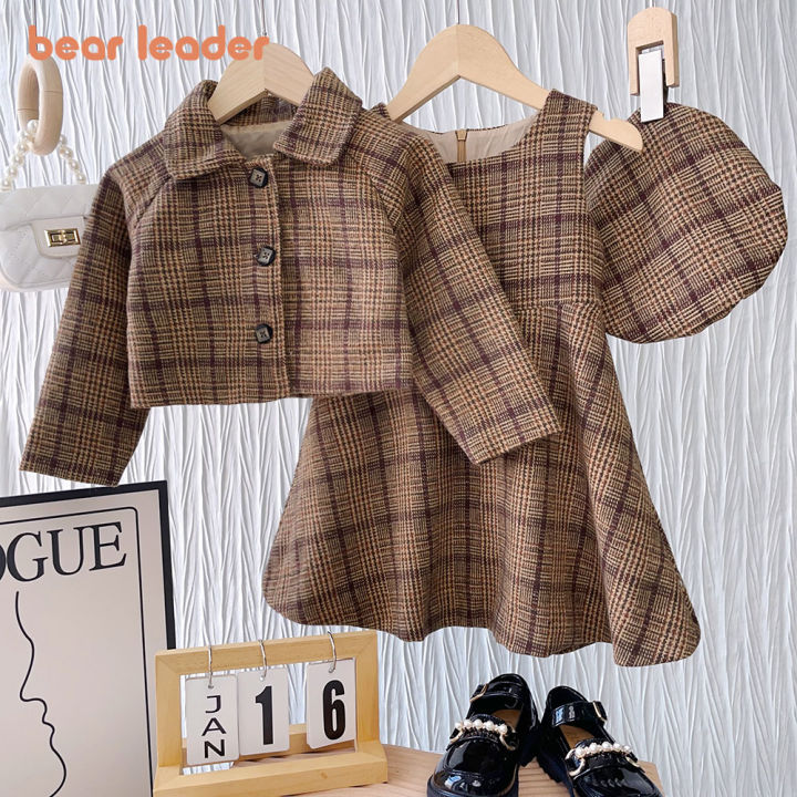 Bear Leader Pcs clothing Suits Girls' Set 2023 Autumn New Girls' Fashion  Plaid Dress+Polo Collar Coat with Hat Kids Girls' Clothes 2-6 Years