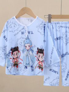 New Summer Childrens Sleepwear Cotton Silk Long Sleeve Thin Air Conditioning Suit Set for Boys Girls Babies Casual Home Clothes