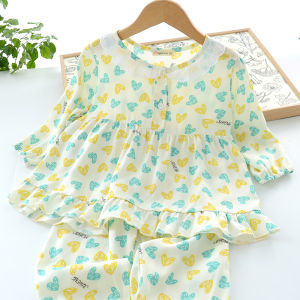 Princess Style Childrens Sleepwear Set with Artificial Cotton Edge Long Sleeve Long Pants Air Conditioned Home Clothes for Girls