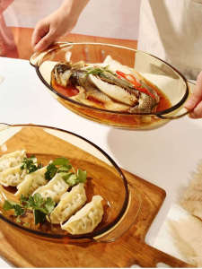 Amber Colored Glass Fish Steaming Plate Heat Resistant Double Earned Fish Dish Kitchenware for Cooking And Baking Fish