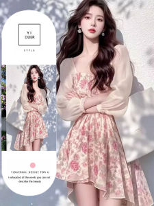 Dopamine Pink Floral Print Asymmetrical Dress Womens New 2025 Spring Outing Travel Photography French Style Bubble Sleeve Short Dress