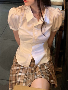 White JK Shirt Puffy Sleeve Waist-Cinching Short Sleeve plus Size Womens Professional Pure Desire Spicy Top Summer Fashion