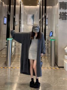 Thickened Long Knitted Cardigan Coat Mink Velvet Pure Color Loose Winter Outerwear for Women V-Neck Long Sleeve Warm Coat