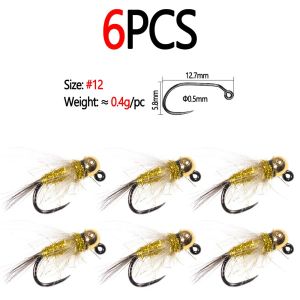 Bimoo 6pcs #12 Tungsten Bead Head CDC Hackle Jig Nymph Fly Pheasant Tail  Fast Sinking Wet Euro Nymph Fly Trout Fishing Lures