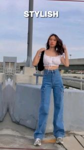 Celana Cargo Jeans Wanita Highwaist Loose Pants Korean Style Hitam Panjang