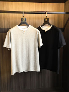 Double Layer Fake Two-Piece V-Neck Mens Summer Retro Comfortable Breathable Short Sleeve T-Shirt Fashionable Urban Style Cotton Pure Color