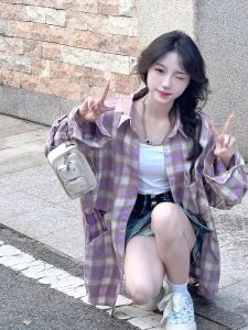 Áo Sơ Mi Kẻ Caro Mỏng Rộng Rãi Thường Ngày Mùa Xuân Hè Cho Nữ Áo Khoác Chống Nắng Màu Tím Súp Lơ Phong Cách Lười Biếng