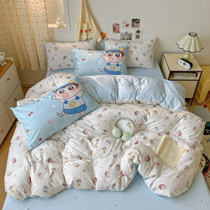 4in ชุดแผ่นเรียบลายการ์ตูน1ชุดเครื่องนอนผ้าฝ้ายคุณภาพสูง Crayon-Chan Labubu ชุดปลอกผ้านวมเดี่ยว/ราชินี/ราชา/ซูเปอร์คิง