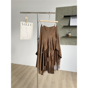 French Vintage A-Line Pleated Skirt Womens Fashion Lace Splicing Long Dress Asymmetrical Design High Waist Polyester Fiber