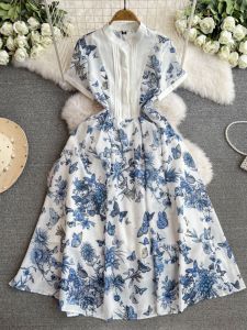 Váy Dài Vừa Phải Fairy 2025 Mới in Họa Tiết Bướm Xanh Cài Nút Tay Ngắn Váy Chữ a Cạp Cao Mùa Xuân Hè