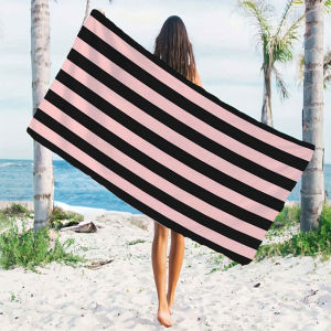 Black Pink Vertical Stripe Quick Drying Microfiber Beach Towel Lightweight for Swimming Camping Yoga - Bath Towel