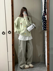 Áo Len Cardigan Dệt Kim Rộng Rãi Màu Xanh Lá Cây Phong Cách Hàn Quốc Mùa Thu Đầu Tiên Áo Khoác Ngoài Nữ Áo Len Cardigan