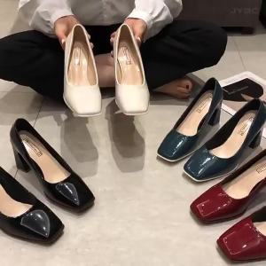 ＜1207＞  Square Toe Pumps Womens Korean Style Ladies Patent Leather High Heels Chunky Heel Pedicure Low-Cut Slip-on Work Shoes 2024 Womens Shoes