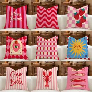 Pink Red Mediterranean Cushion Cover Natural Breathable Durable Linen Printed Decor Pillow Case Sofa Bedroom