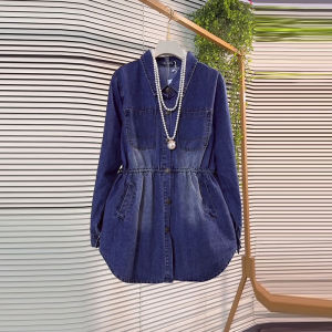 plus Size Womens Long Sleeve Button up Denim Shirt Waist Cinched Collared Top Autumn Winter Fashion European Style Versatile Top