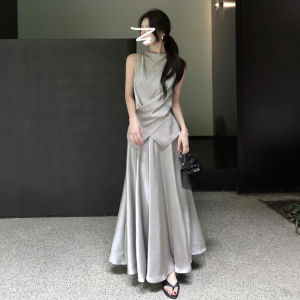 Karrar betsey | Đầm Maxi Không Tay Phong Cách Pháp Elegante Bằng Satin