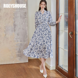 Roey s house | Gentle Elegant Printed Satin Dress for Autumn with French V-neck Waist-tightening Flared Style