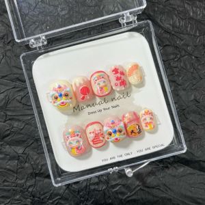 Handmade Wearable Nail Art Pink Cake Snake Year Lantern Lion Wake up Short White Enhancing Beautiful Nail Art New Year Celebration Series