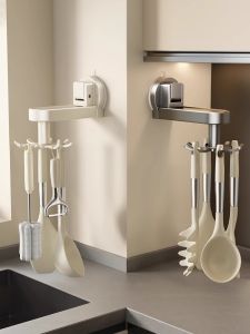 Kitchen Wall-Mounted Rotating Suction Cup Hook Spatula Spoon Storage Rack Pot Holder No-Drilling Required Multi-Purpose Holder