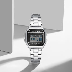 NAVIFORCE Original Women Square Digital Watch LCD Display Day Date Stainless Steel Strap Waterproof 30m Chronograph Alarm Women Fashion Casual Watch NF5063S