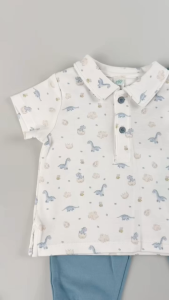 TinyBee ชุดเซ็ตเสื้อผ้าฝ้าย Cotton 100% พร้อมกางเกง ชุดเด็กผู้ชาย เสื้อขาว ไดโนเสาร์ อายุ 9-24 เดือน