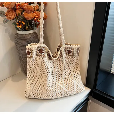 2025 New Knitted Cotton Yarn Hollow out Small Flower Handmade Casual Single Shoulder Bag Leisure Vacation Style Handbag