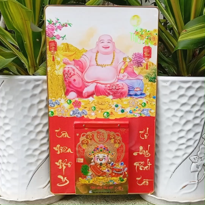 Lịch 2026 Di Lặc kích thước 34x60cm bọc viền vàng kèm bloc 14.5x20.5cm (D3)