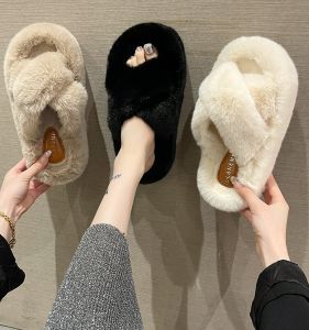 New Womens Thick Bottom Fur Slippers High Heel Indoor Home Winter Cotton Slippers Anti-Slip Spring Autumn Trendy Ins Slippers