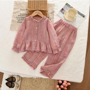 ชุดเสื้อผ้าเด็กผู้หญิงสีชมพูหวานน่ารักแขนยาวพิมพ์ลายตารางหมากรุกเสื้อและกางเกงชุดสองชิ้น