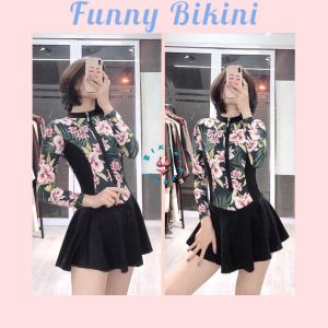 【Có size lớn 】Bikini đồ bơi đi biển một mảnh dây kéo trước phối hoa tay dài form váy có quần lót FUNNY BIKINI MS-P018