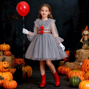 Girls Gray Joker Costume Lace Mesh Tutu Dress For Children 2025 Halloween Carnival Cosplay Party Creepy Clown Children Clothes ﻿