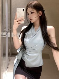GUZILIAN | Elegant V-Neck Sash Waist Silk Shirt Women Summer French Design Sleeveless Blue Top Korean Style Commute Fashion Pear Shape Fit