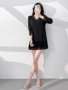 ชุดนอนคอวีแขนสั้นเซ็กซี่ผ้าโมดอลคอตตอนผสมสำหรับผู้หญิง ชุดนอนแขนสั้นลายลูกไม้ ชุดเดรสลำลอง ชุดนอนฤดูใบไม้ร่วง