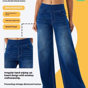 Womens New Large Size Denim Wide-Legged Trousers American High-Waisted Thin Straight Loose Casual Trousers Casual Jeans