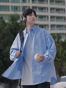 Blue Long Sleeve Shirt Jacket Mens 2025 New Spring Summer Japanese Style Boyfriend Shirt Versatile Workwear Style Top