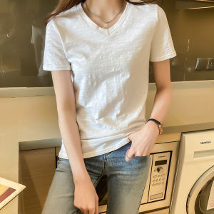 เสื้อยืดผ้าฝ้ายไผ่หลวมแขนสั้นฤดูร้อน 2025 เสื้อยืดผู้หญิง สไตล์เกาหลี ทรงหลวม สีพื้น คอวี ปกติ