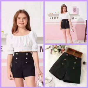maxine High Waist Trousers Front Buttons Shorts for Girl - 4 to 12 years old - cute shorts - made of imported fabric - made of soft fabric - excellent quality - fabric from abroad - color: green blue pink maroon red black white tan skin tone r