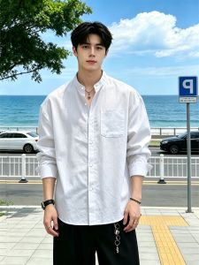 OUMULONG | Mens White Linen Collared Long Sleeve Shirt Light Breathable Sun Protection