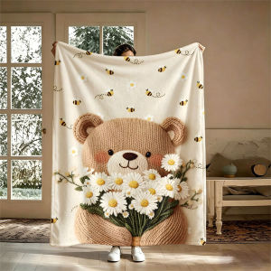 BILIBILI | Chăn Dệt Kim Hình Gấu Với Hoa Cúc Cho Ghế Sofa Giường Văn Phòng Du Lịch Phong Cách Hiện Đại Chất Liệu Polyester Lông San Hô Chống Xù Lông Chăn Di Động Sử Dụng Được Bốn Mùa