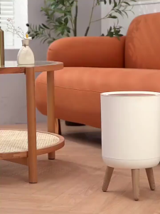 Nordic Minimalist White & Wood Large Capacity Living Room Bedroom Press Aesthetic Trash Can