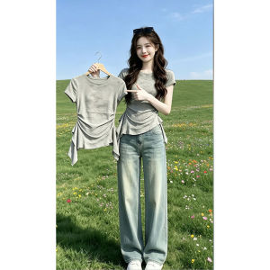 Shalldoer | Ruffled Irregular Hem Waist Cinching Short Sleeve Korean Style Workwear Top