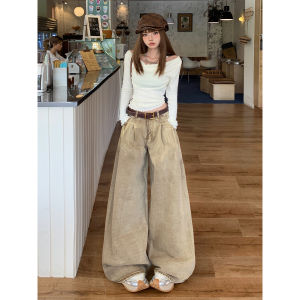 American Style Low Waist Wide Leg Denim Jeans Womens Autumn 2025 New Loose Drapey Floor-Length Pants Vintage Washed