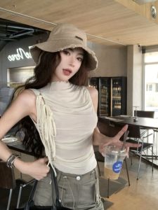 GUZILIAN | Summer Design Sensation Mesh Belted Elastic Waist Short Sleeveless Ruffle Top Women Outerwear Bandage Vest Strap Folded Hem Shirt