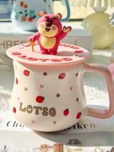 Strawberry Bear Ceramic Mugs with Lid Drink Cup Couple Birthday Gifts Womens Souvenir Box Cute Style Water Cups Kitchen Diningware
