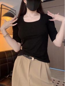 plus Size Pure Cotton Square Collar T-Shirt Womens 2025 Spring Summer New Style Fat MM Inner Wear Half Sleeve Base Top